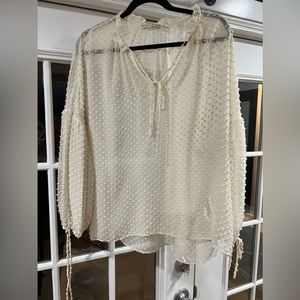 Alice and Olivia cream dotted, sheer long sleeve blouse
